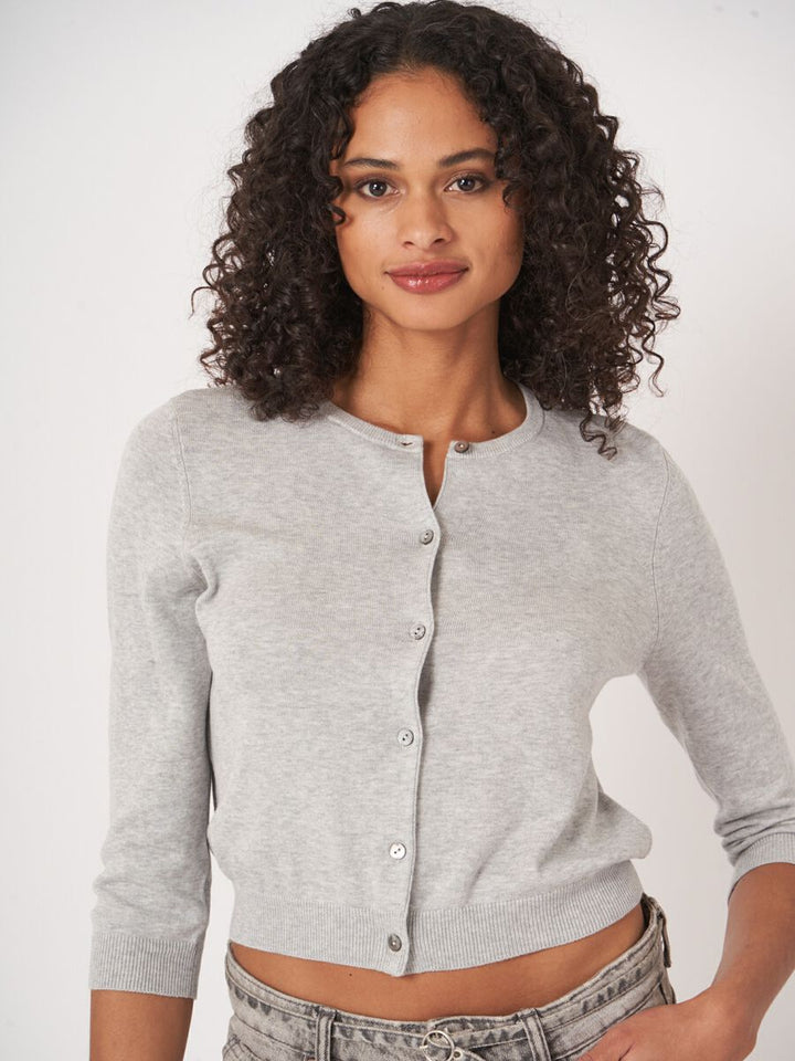 FINE-KNIT CROPPED COTTON-BLEND CARDIGAN (SOFT GREY) - REPEAT