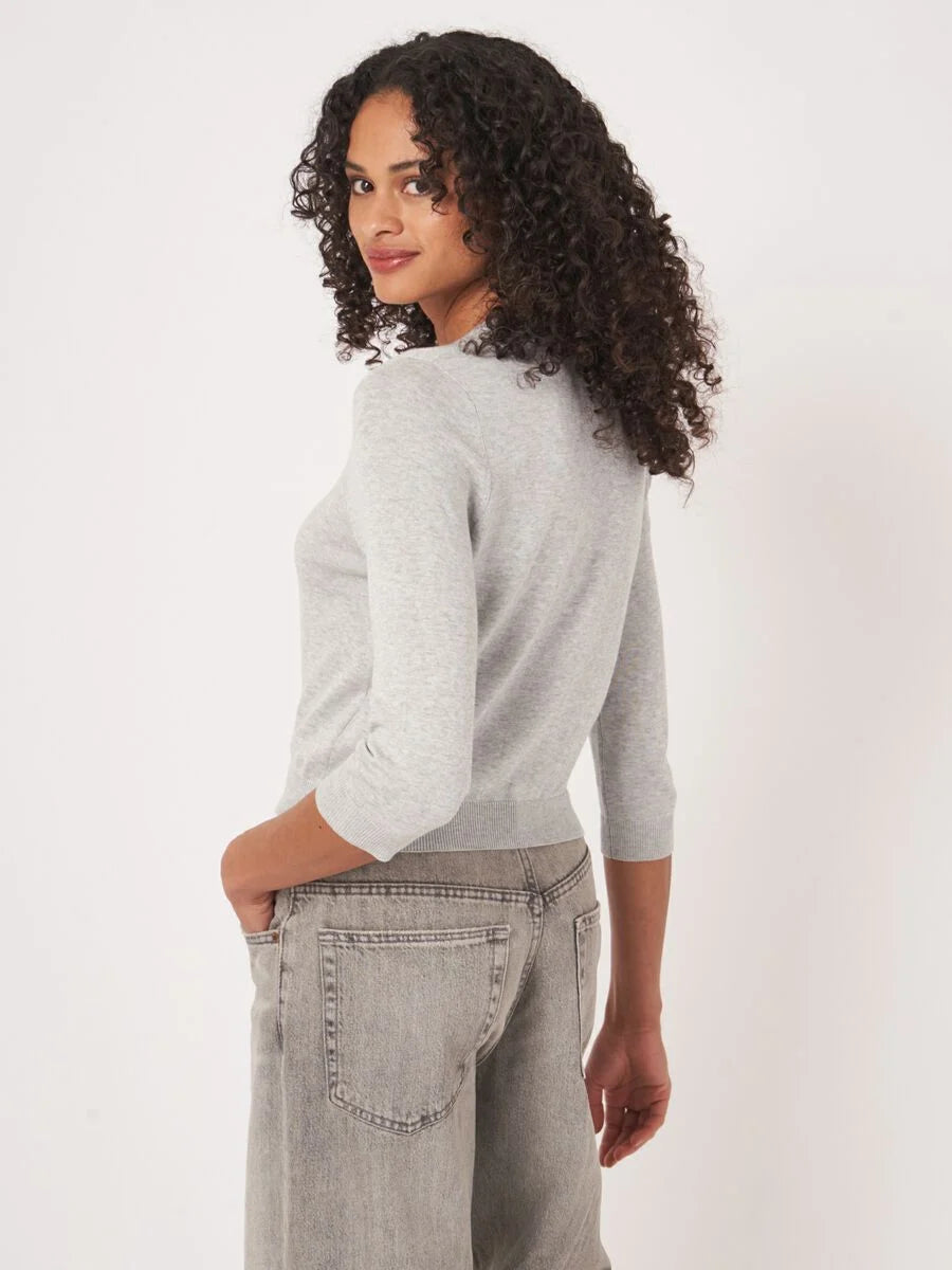FINE-KNIT CROPPED COTTON-BLEND CARDIGAN (SOFT GREY) - REPEAT