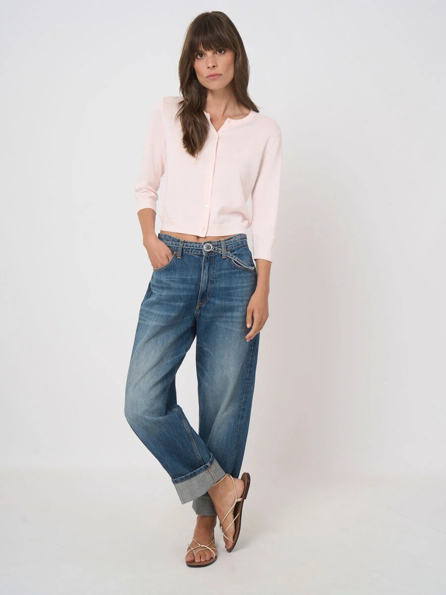 FINE-KNIT CROPPED COTTON-BLEND CARDIGAN (GLOSS) - REPEAT