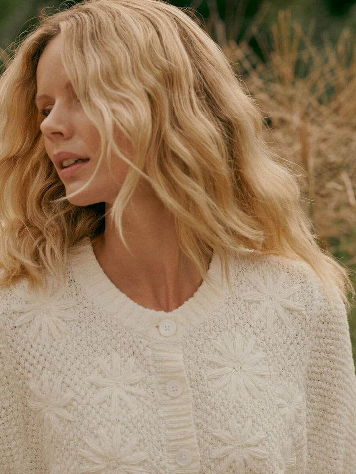 TEXTURED COTTON CARDIGAN W/ FLOWERS (WHITE) - REPEAT