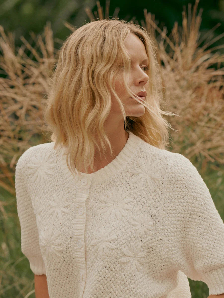TEXTURED COTTON CARDIGAN W/ FLOWERS (WHITE) - REPEAT