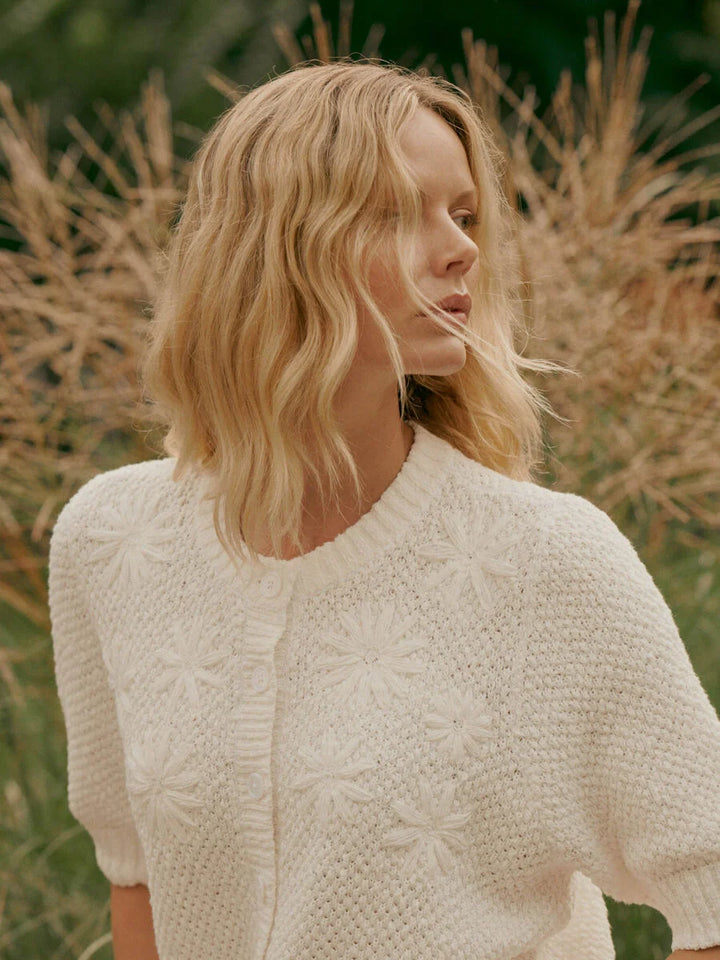 TEXTURED COTTON CARDIGAN W/ FLOWERS (WHITE) - REPEAT