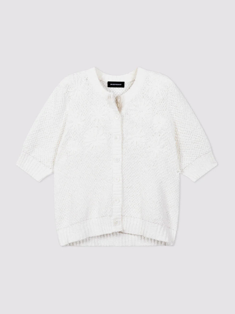 TEXTURED COTTON CARDIGAN W/ FLOWERS (WHITE) - REPEAT