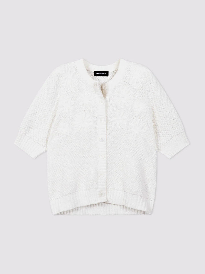 TEXTURED COTTON CARDIGAN W/ FLOWERS (WHITE) - REPEAT