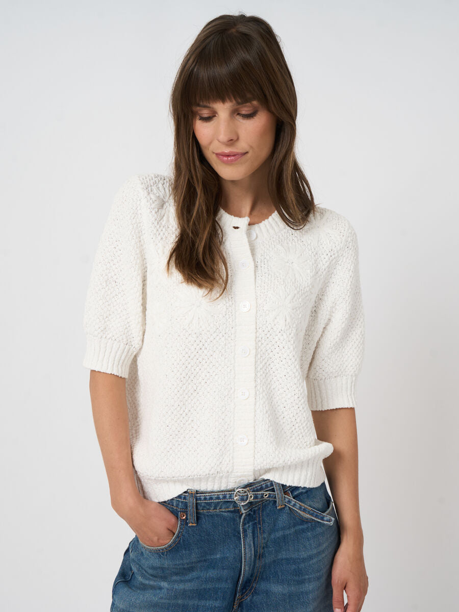 TEXTURED COTTON CARDIGAN W/ FLOWERS (WHITE) - REPEAT