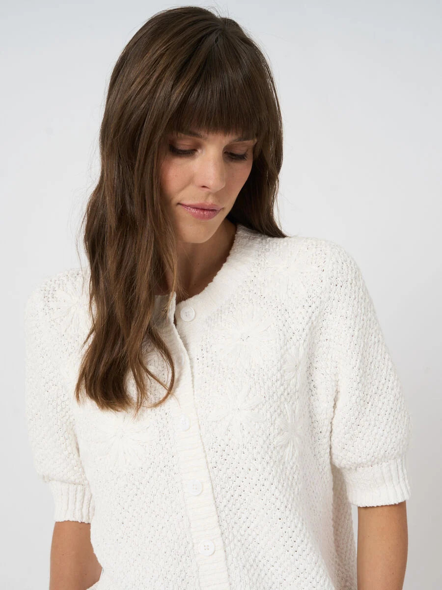 TEXTURED COTTON CARDIGAN W/ FLOWERS (WHITE) - REPEAT