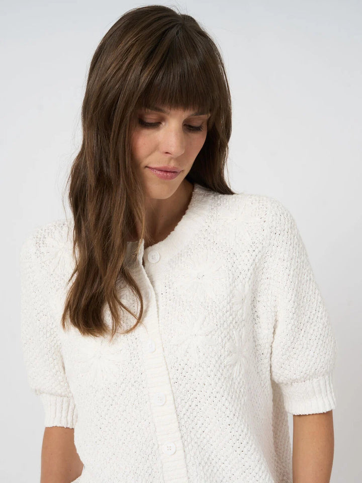 TEXTURED COTTON CARDIGAN W/ FLOWERS (WHITE) - REPEAT