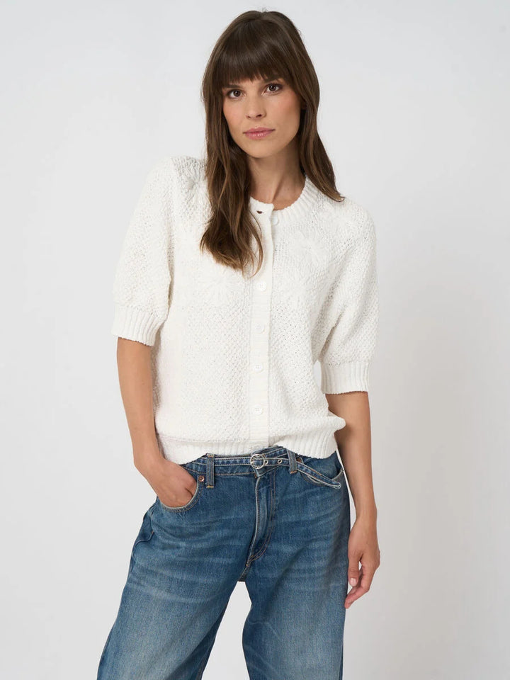 TEXTURED COTTON CARDIGAN W/ FLOWERS (WHITE) - REPEAT