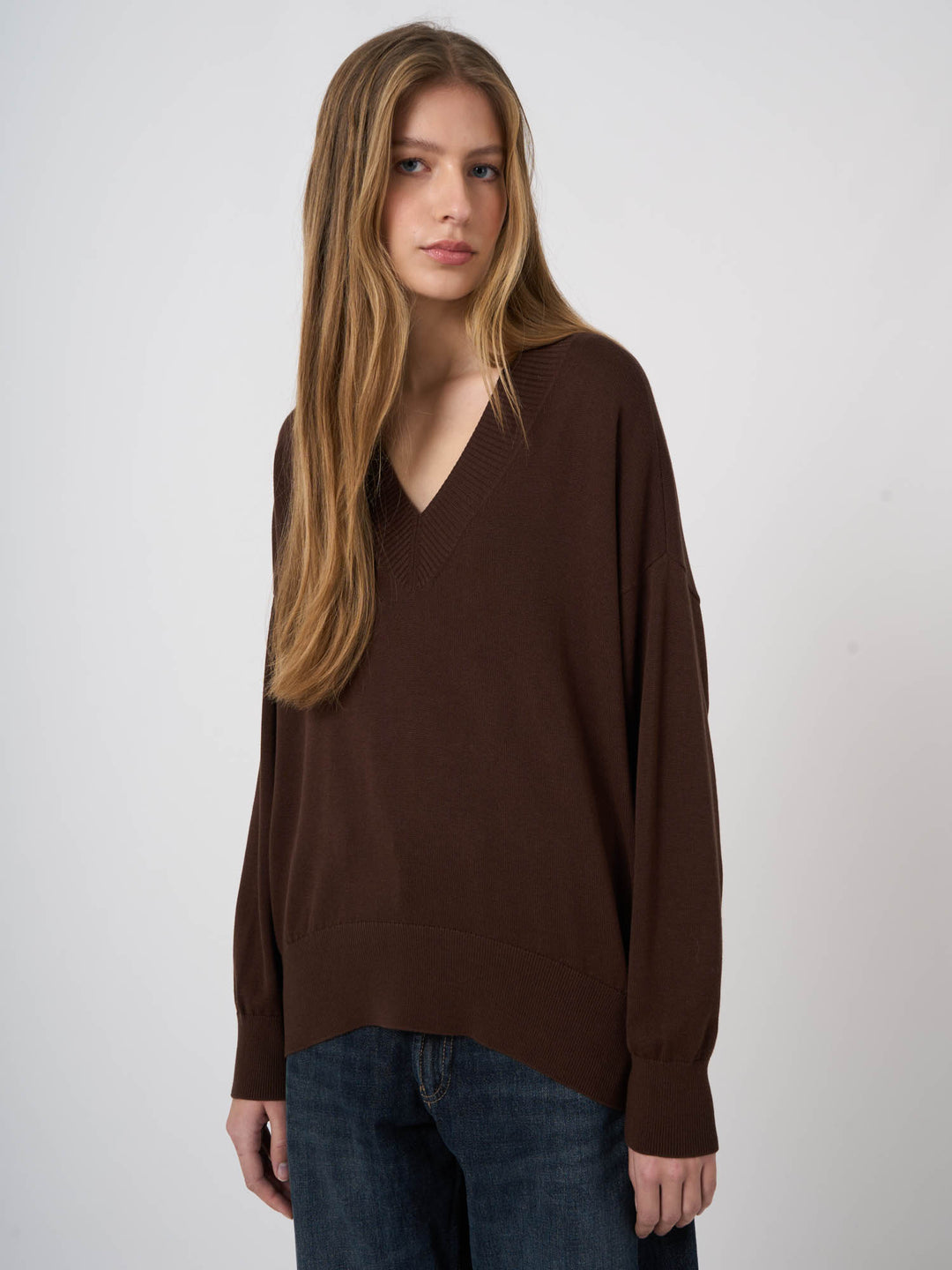 V-NECK COTTON BLEND KNITTED PULLOVER (CHOCOLATE) - REPEAT