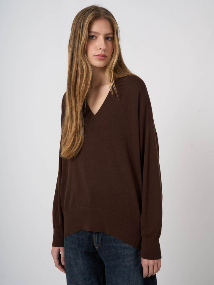 V-NECK COTTON BLEND KNITTED PULLOVER (CHOCOLATE) - REPEAT