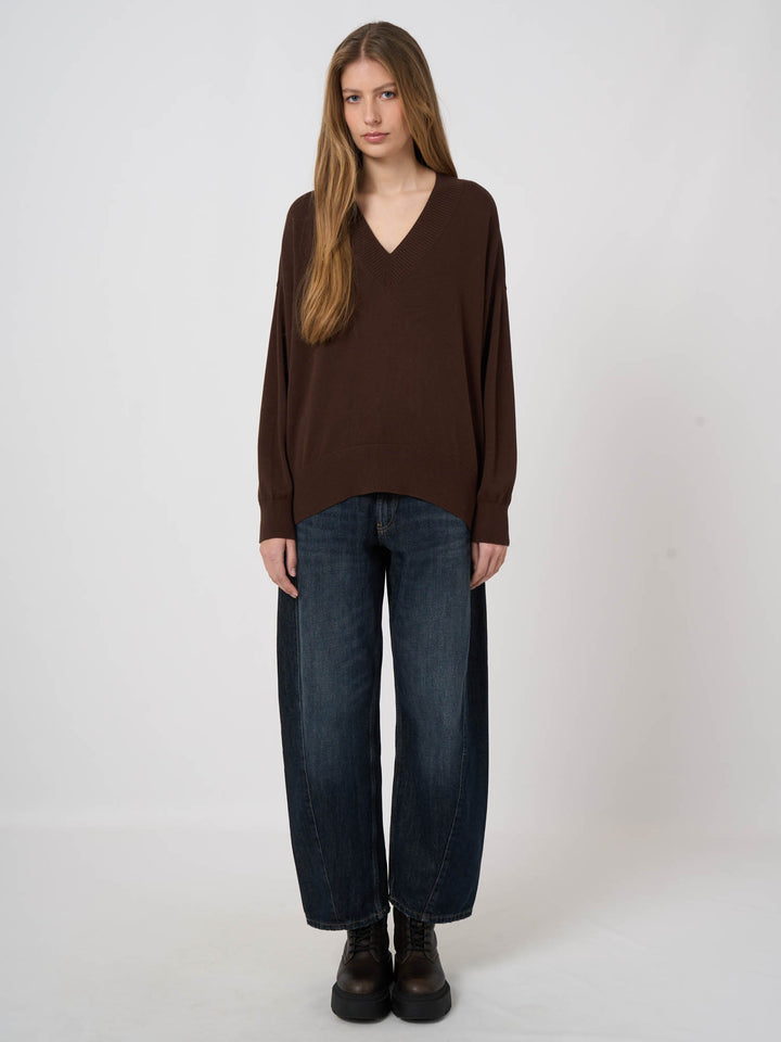 V-NECK COTTON BLEND KNITTED PULLOVER (CHOCOLATE) - REPEAT