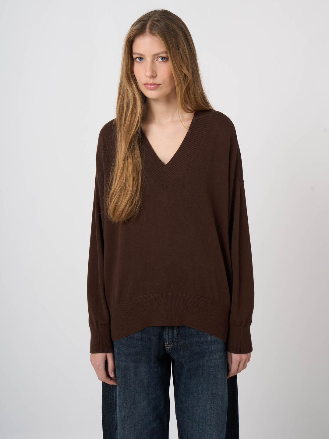 V-NECK COTTON BLEND KNITTED PULLOVER (CHOCOLATE) - REPEAT
