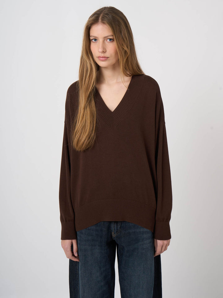 V-NECK COTTON BLEND KNITTED PULLOVER (CHOCOLATE) - REPEAT