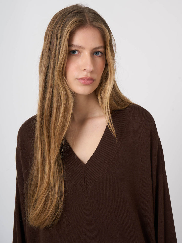 V-NECK COTTON BLEND KNITTED PULLOVER (CHOCOLATE) - REPEAT