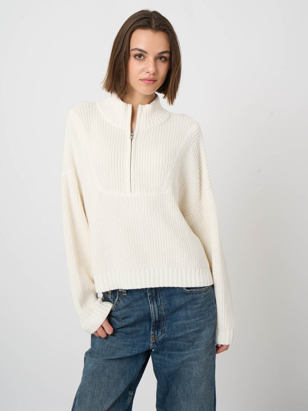 COTTON CASHMERE BLEND QUARTER ZIP (CREAM) - REPEAT