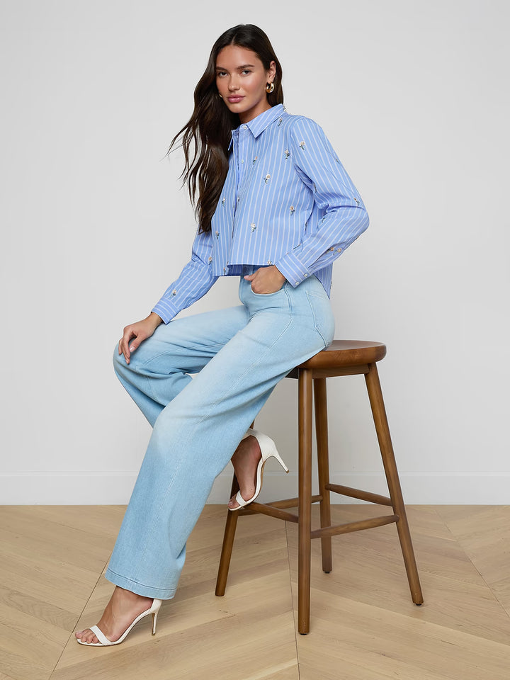 COSETTE CROP HI LOW SHIRT (BLUE STRIPE/SEQUIN) - L'AGENCE