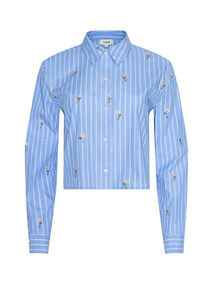 COSETTE CROP HI LOW SHIRT (BLUE STRIPE/SEQUIN) - L'AGENCE