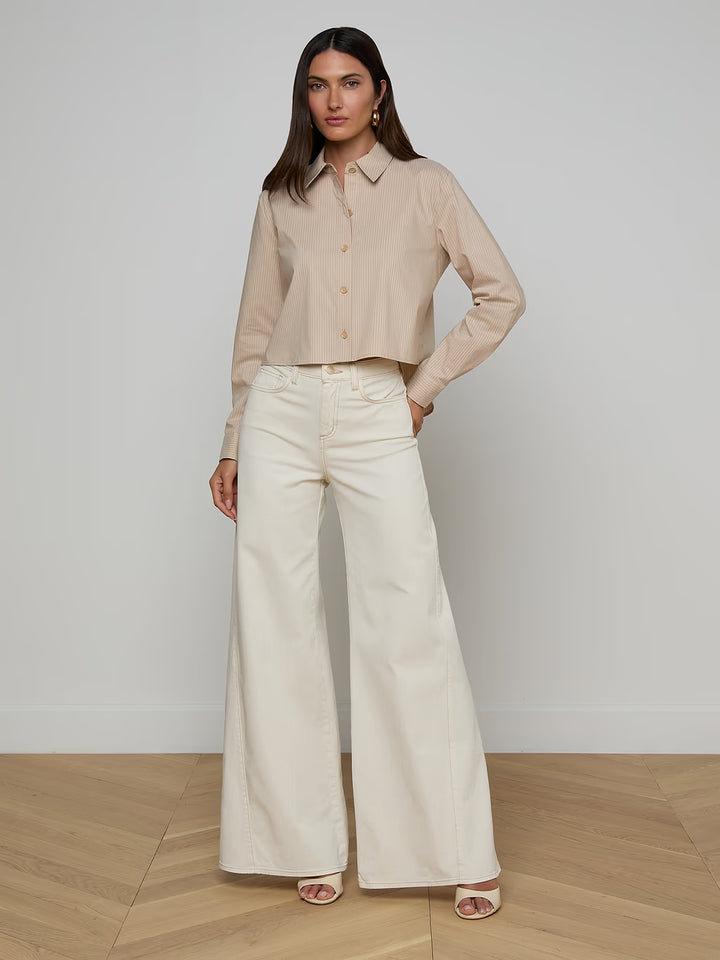 COSETTE CROP HI LOW SHIRT (MACADAMIA/LT BROWN STRIPE) - L'AGENCE