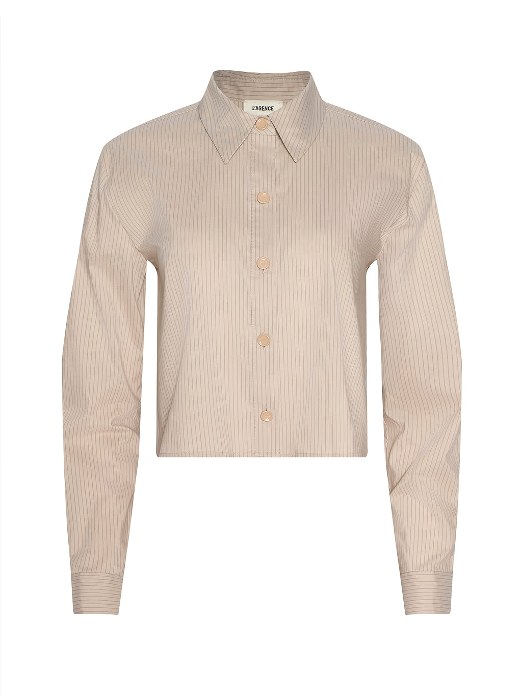 COSETTE CROP HI LOW SHIRT (MACADAMIA/LT BROWN STRIPE) - L'AGENCE