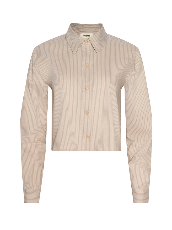COSETTE CROP HI LOW SHIRT (MACADAMIA/LT BROWN STRIPE) - L'AGENCE
