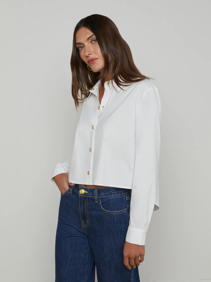 COSETTE CROP HI LOW BLOUSE (WHITE/GOLD) - L'AGENCE