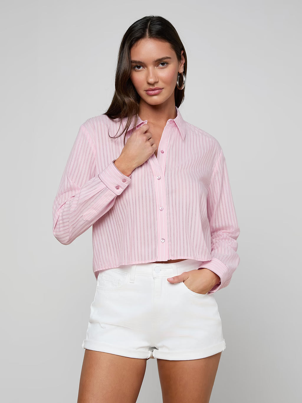 COSETTE HI LOW SHIRT (CAMEO PINK/IVORY STRIPE) - L'AGENCE