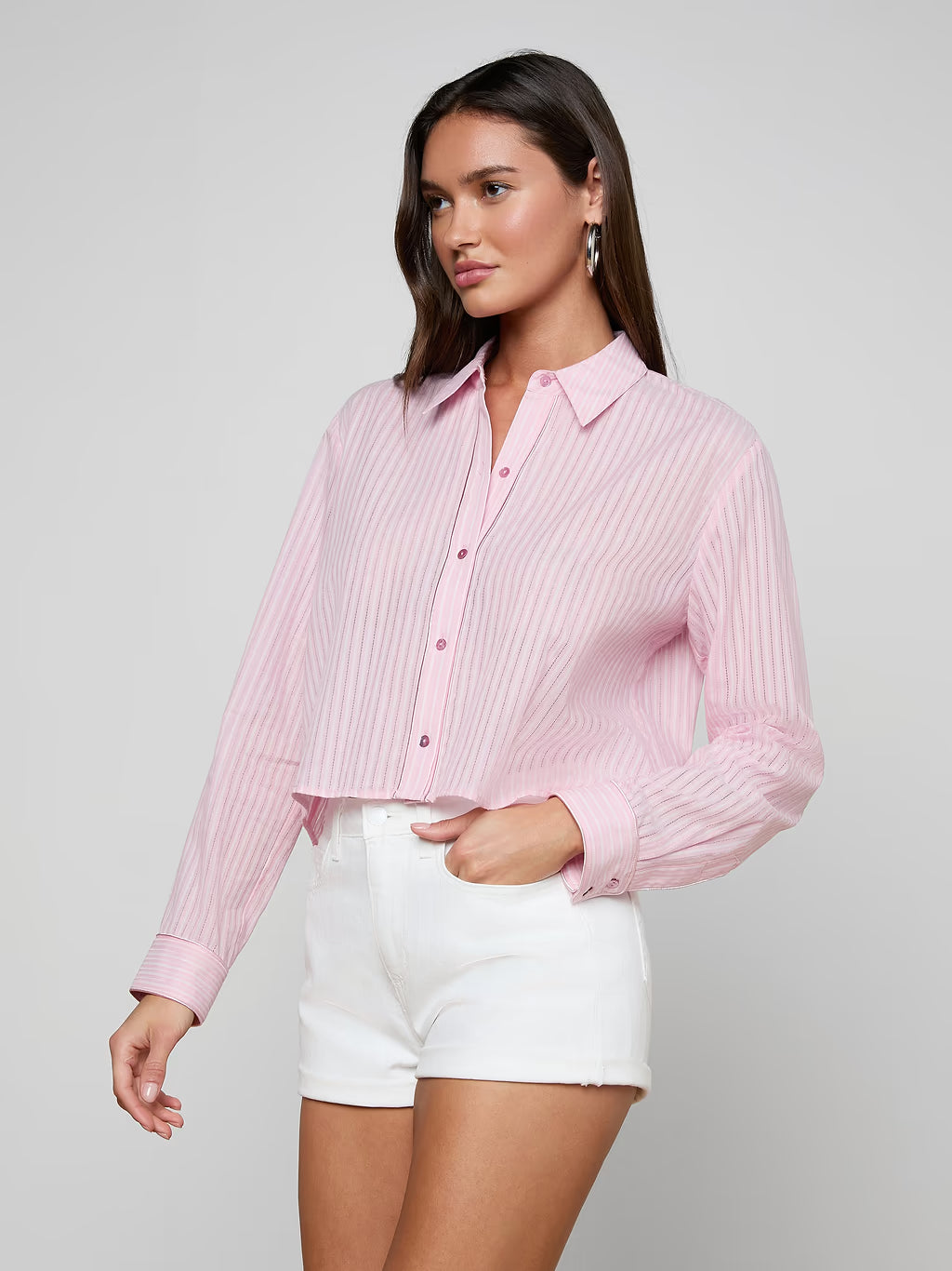 COSETTE HI LOW SHIRT (CAMEO PINK/IVORY STRIPE) - L'AGENCE