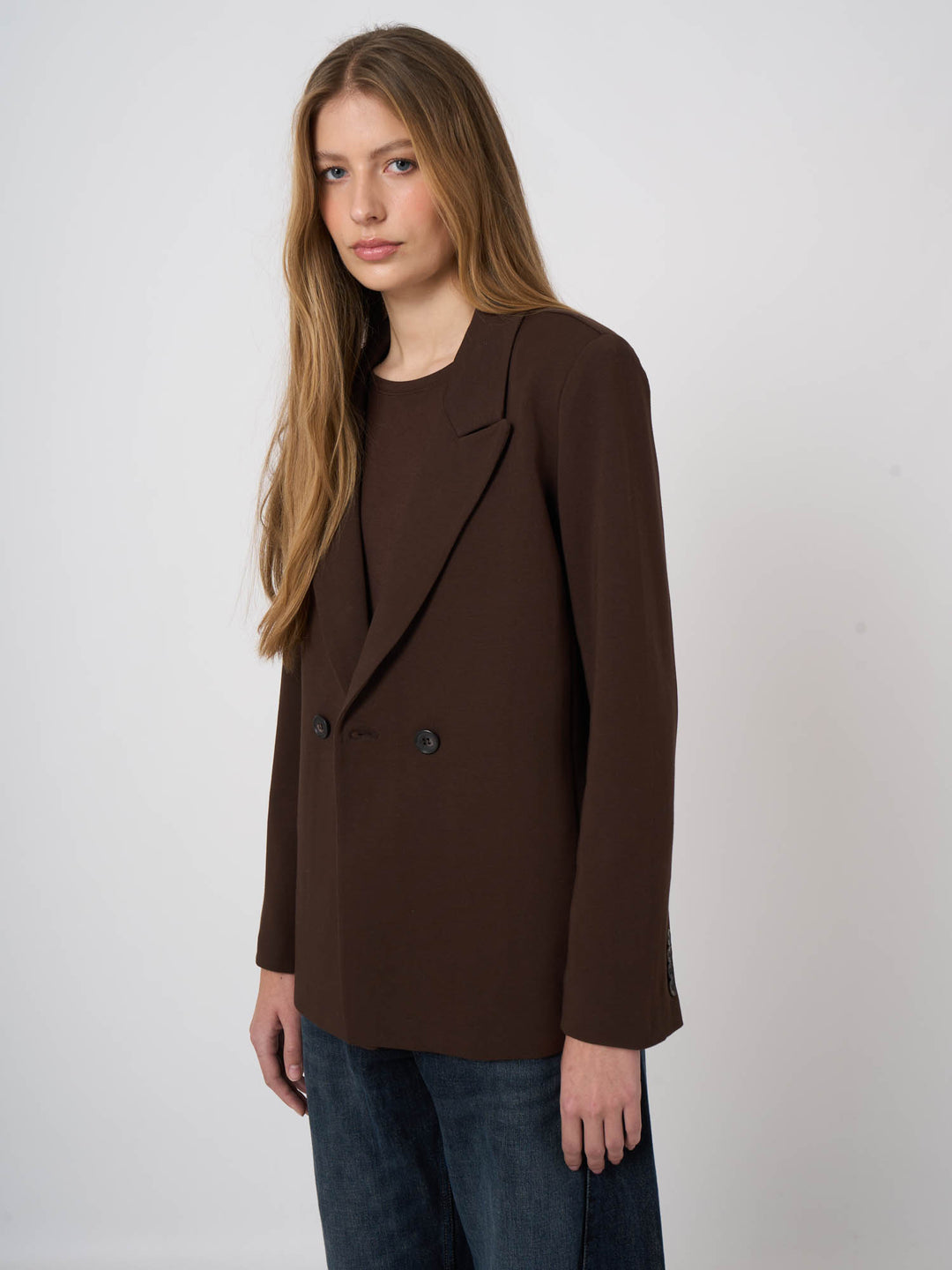 STRETCH DOUBLE BREASTED BLAZER (COCOA) - REPEAT
