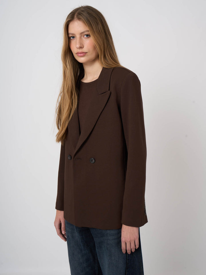 STRETCH DOUBLE BREASTED BLAZER (COCOA) - REPEAT
