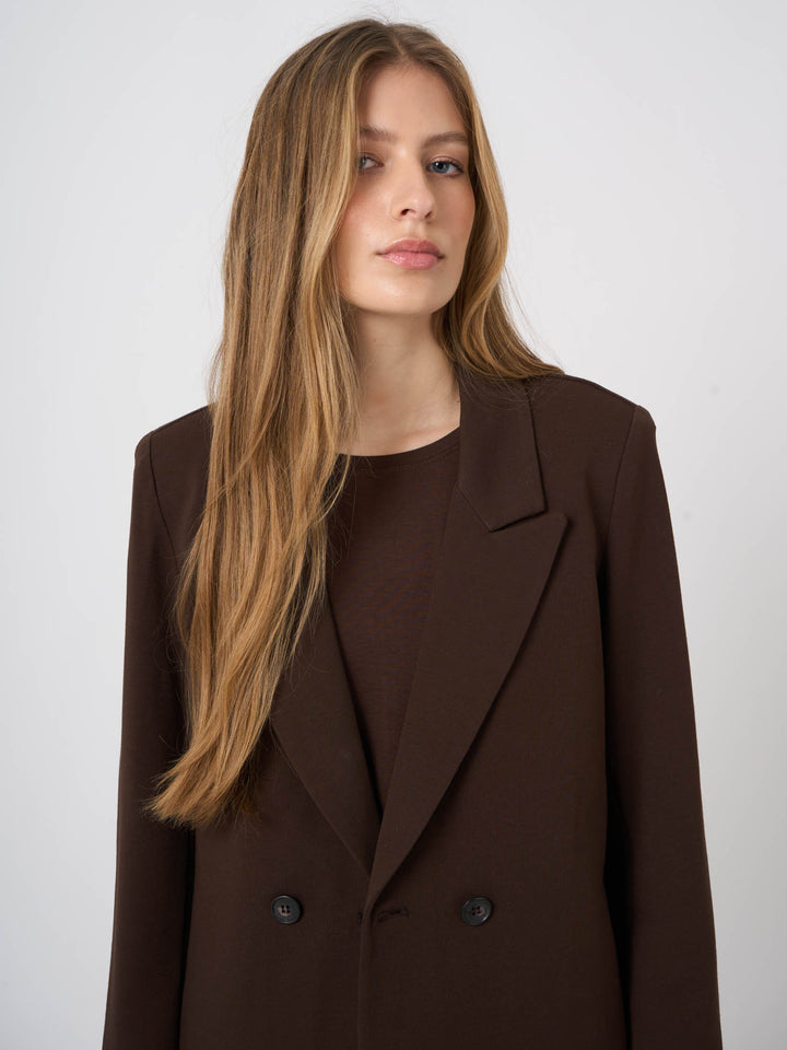 STRETCH DOUBLE BREASTED BLAZER (COCOA) - REPEAT