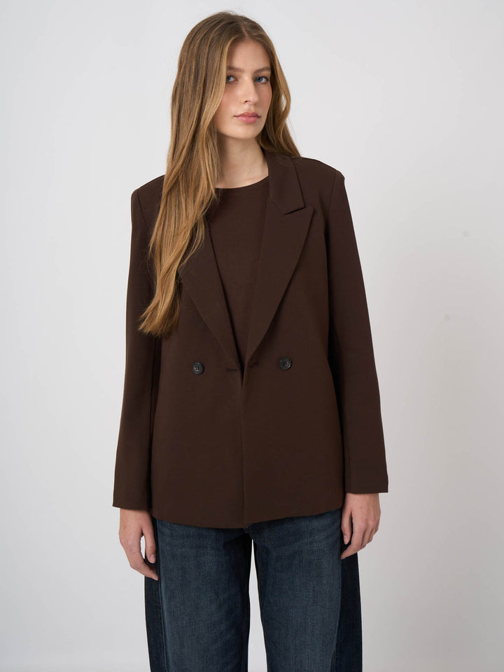STRETCH DOUBLE BREASTED BLAZER (COCOA) - REPEAT