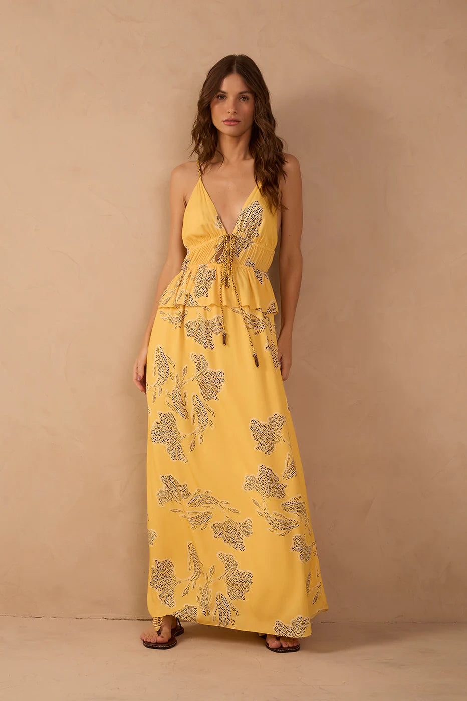 DRAWSTRING RUFFLE MAXI DRESS (YELLOW LAKE) - DRESS TO