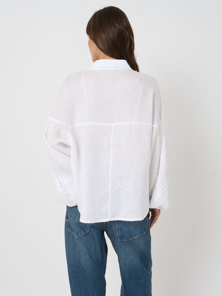 LINEN WOVEN BLOUSE W/ EMBROIDERED SLEEVES - REPEAT