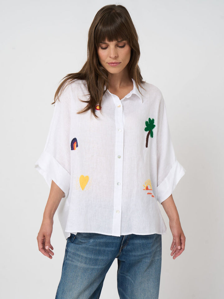 LINEN BLOUSE WITH COLOURFUL EMBROIDERY - REPEAT