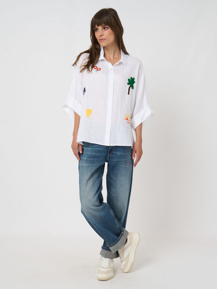 LINEN BLOUSE WITH COLOURFUL EMBROIDERY - REPEAT