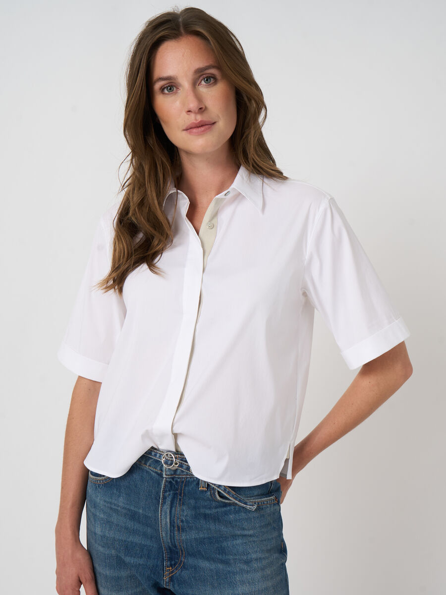 STRETCH POPLIN COTTON BLEND BLOUSE (WHITE) - REPEAT