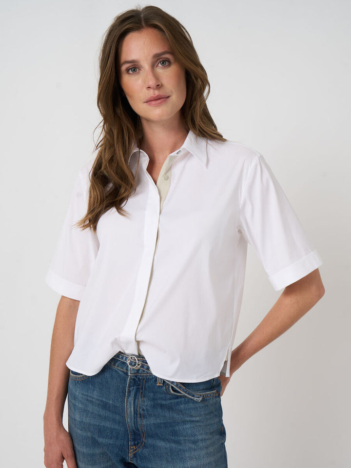 STRETCH POPLIN COTTON BLEND BLOUSE (WHITE) - REPEAT