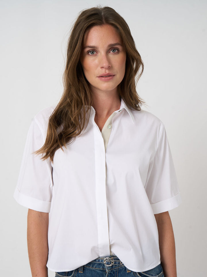 STRETCH POPLIN COTTON BLEND BLOUSE (WHITE) - REPEAT