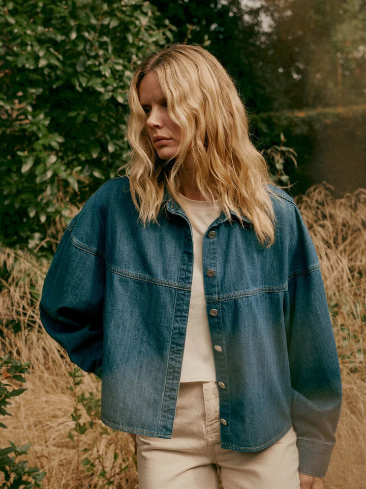 DENIM BUTTON UP SHIRT WITH PUFF SLEEVE - REPEAT