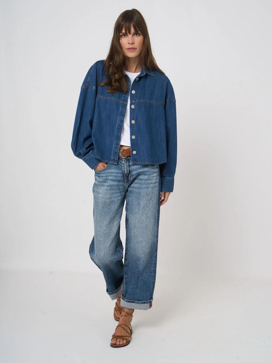 DENIM BUTTON UP SHIRT WITH PUFF SLEEVE - REPEAT