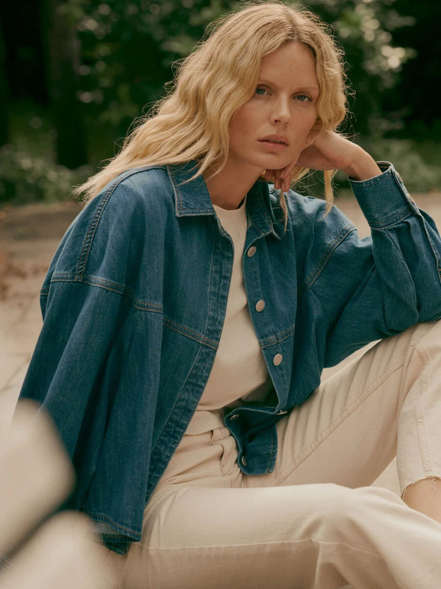 DENIM BUTTON UP SHIRT WITH PUFF SLEEVE - REPEAT