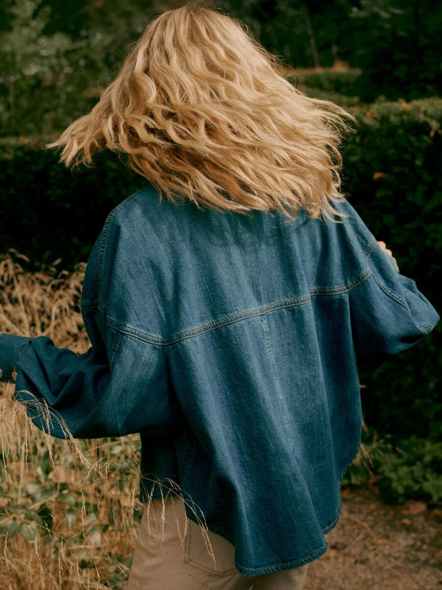 DENIM BUTTON UP SHIRT WITH PUFF SLEEVE - REPEAT