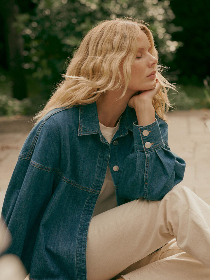DENIM BUTTON UP SHIRT WITH PUFF SLEEVE - REPEAT
