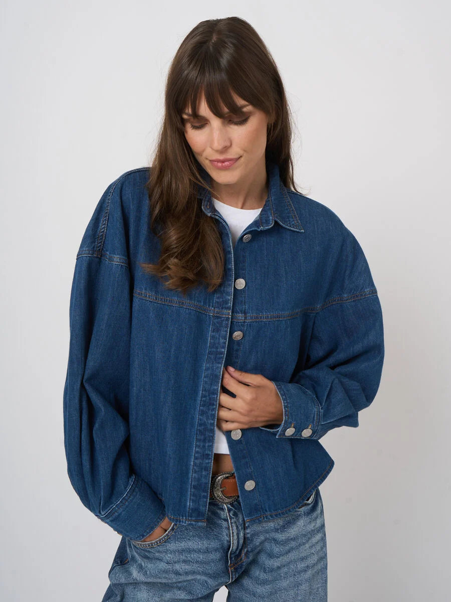 DENIM BUTTON UP SHIRT WITH PUFF SLEEVE - REPEAT