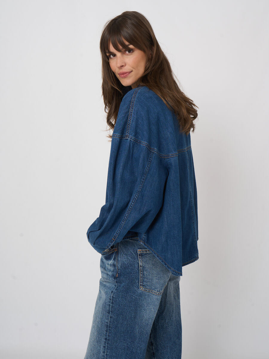 DENIM BUTTON UP SHIRT WITH PUFF SLEEVE - REPEAT