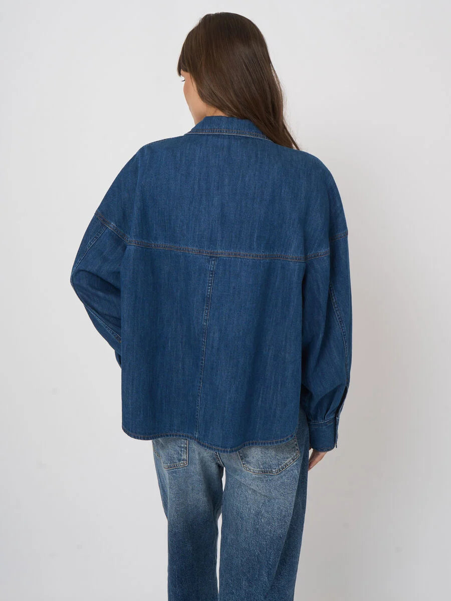 DENIM BUTTON UP SHIRT WITH PUFF SLEEVE - REPEAT