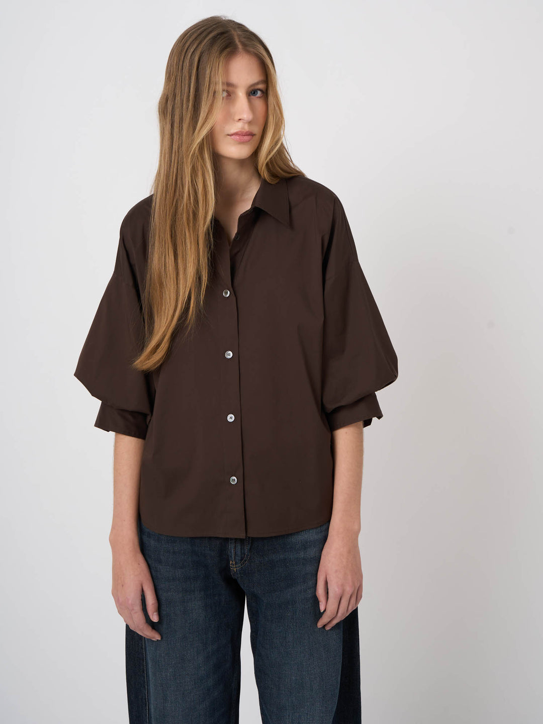 COTTON BLEND WOVEN BLOUSE (COCOA) - REPEAT