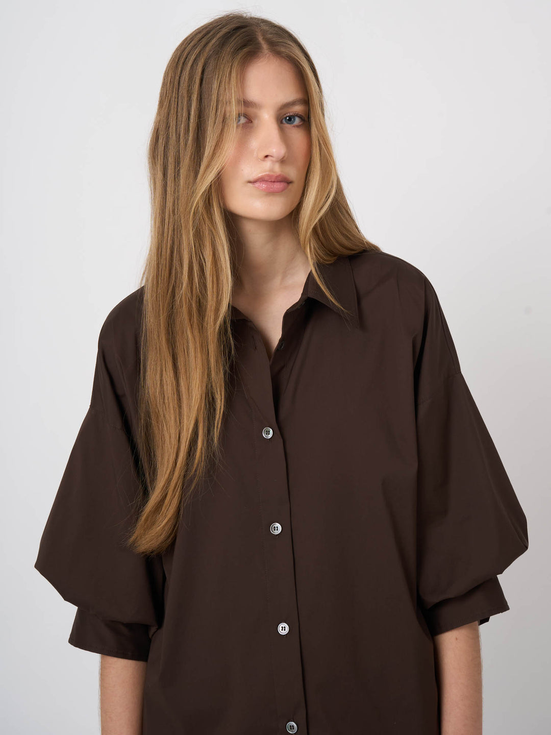 COTTON BLEND WOVEN BLOUSE (COCOA) - REPEAT