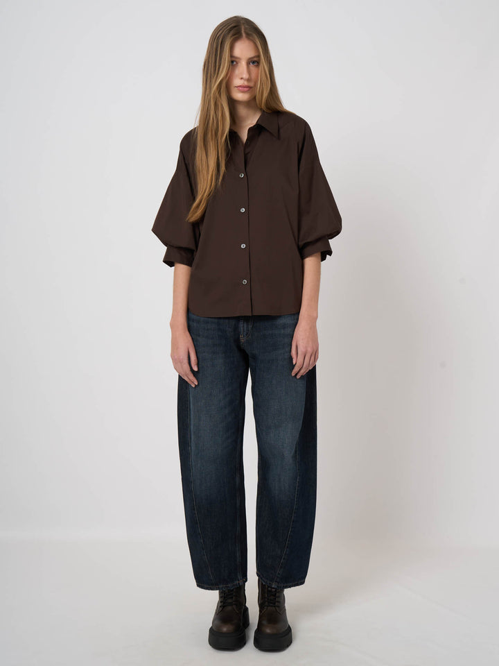 COTTON BLEND WOVEN BLOUSE (COCOA) - REPEAT
