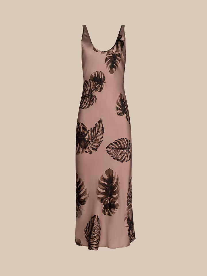 AKIYA SATIN MAXI DRESS (HAZELNUT MULTI LARGE PALM) - L'AGENCE
